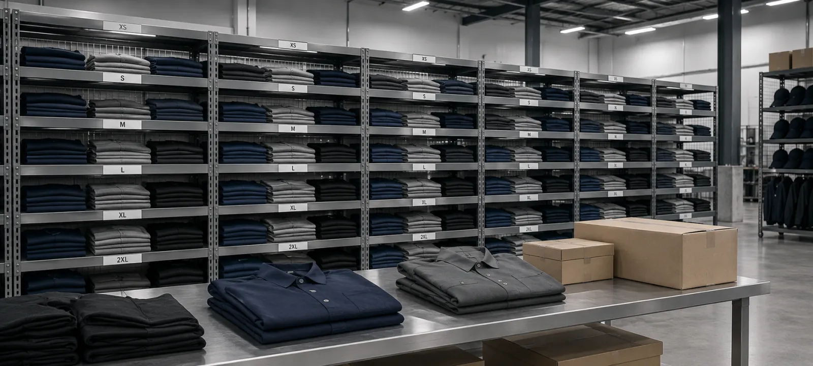 Almacén con repisas de camisas rotuladas por talla