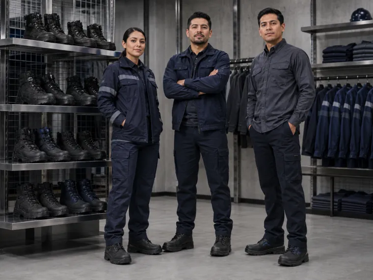 Tres personas con ropa de trabajo y botas de seguridad frente a un anaquel de calzado industrial