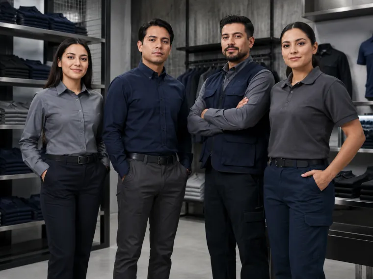 Personal con camisas y playeras polo de uniforme corporativo en una tienda de uniformes