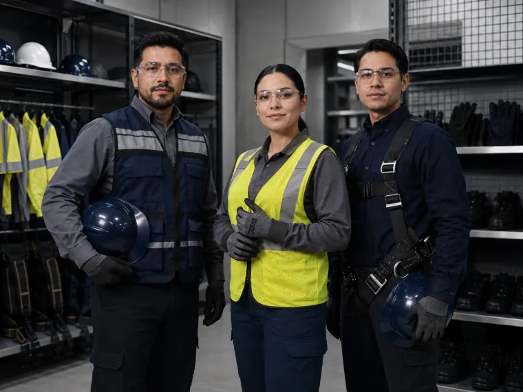 Tres personas con chaleco reflectante, lentes de seguridad, guantes, casco y arnés