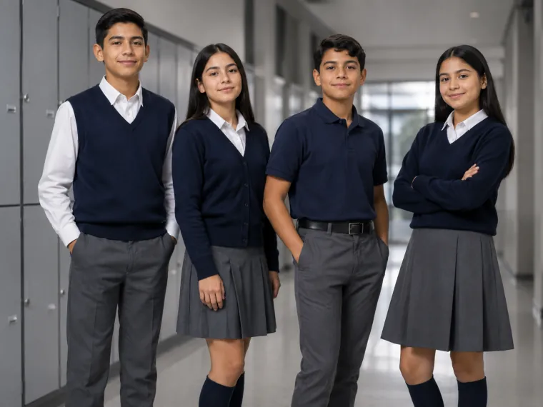 Cuatro estudiantes con uniforme escolar en el pasillo de una escuela