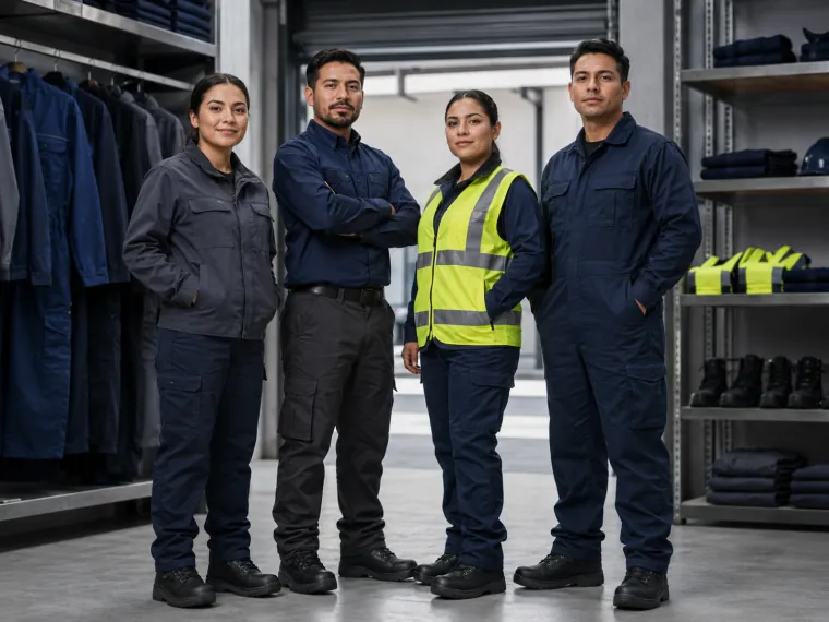 Cuatro personas con overoles y chamarras de trabajo, una con chaleco de alta visibilidad